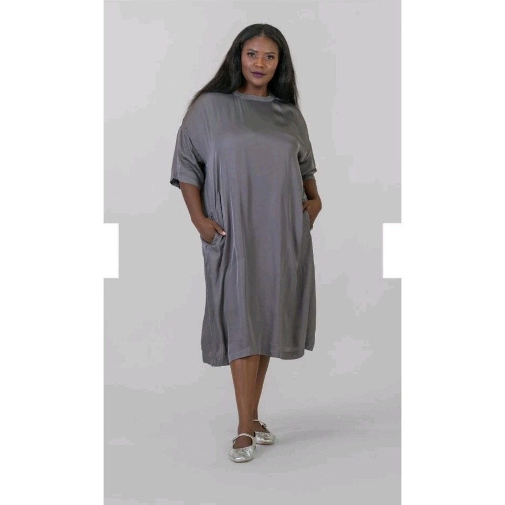 Bitte Kai Rand Sunlight Sheen Dress Sz 2 Xl Gray Sheath Satin Lagenlook Minimal
